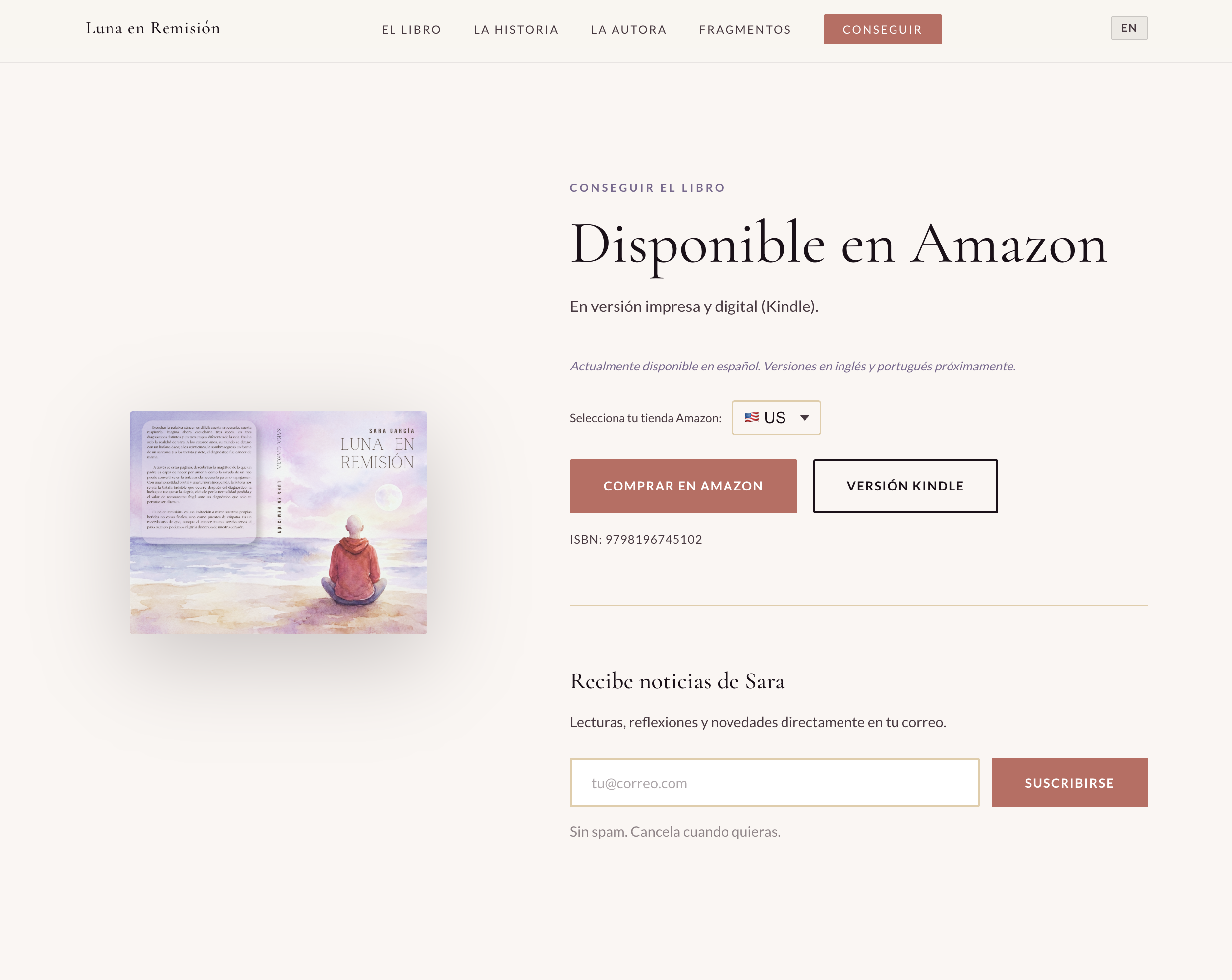 Luna en Remisión 'get the book' section with Amazon store selector and paperback cover